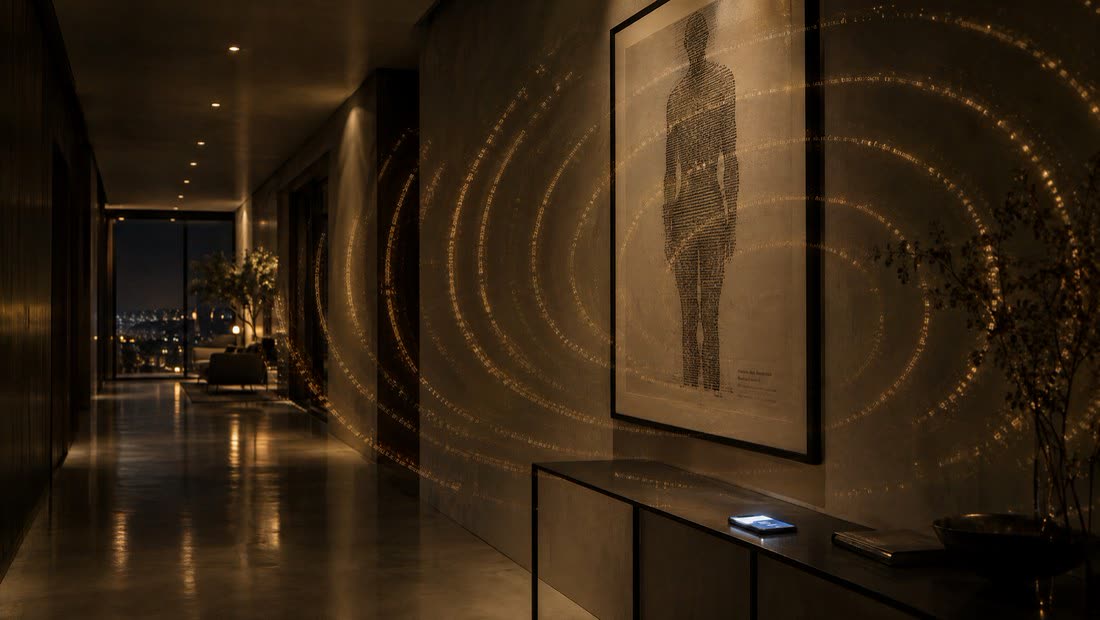 A hallway at dusk with a framed affirmation artwork on the wall